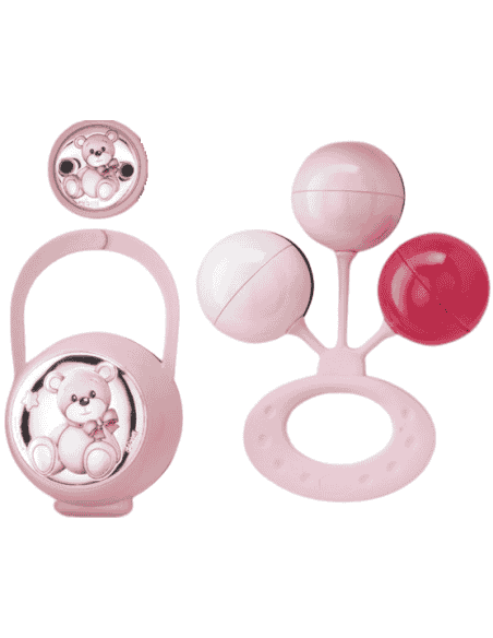 Set Infantil Portachupetes con Pinza y Sonajero Oso Rosa EV3466/01R
