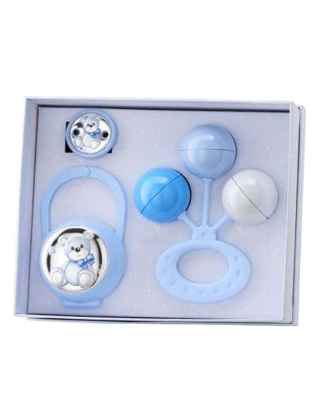 Set Infantil Portachupetes con Pinza y Sonajero Oso Azul - Eventi EV3466/01C