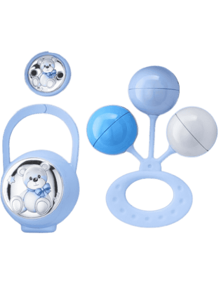 Set Infantil Portachupetes con Pinza y Sonajero Oso Azul - Eventi EV3466/01C
